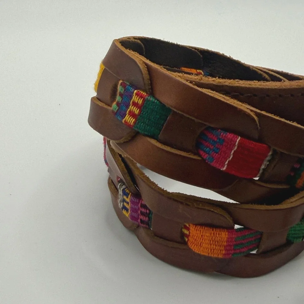 Vintage Boho Brown Leather Woven Multi Color Belt Brass Buckle Handcrafted